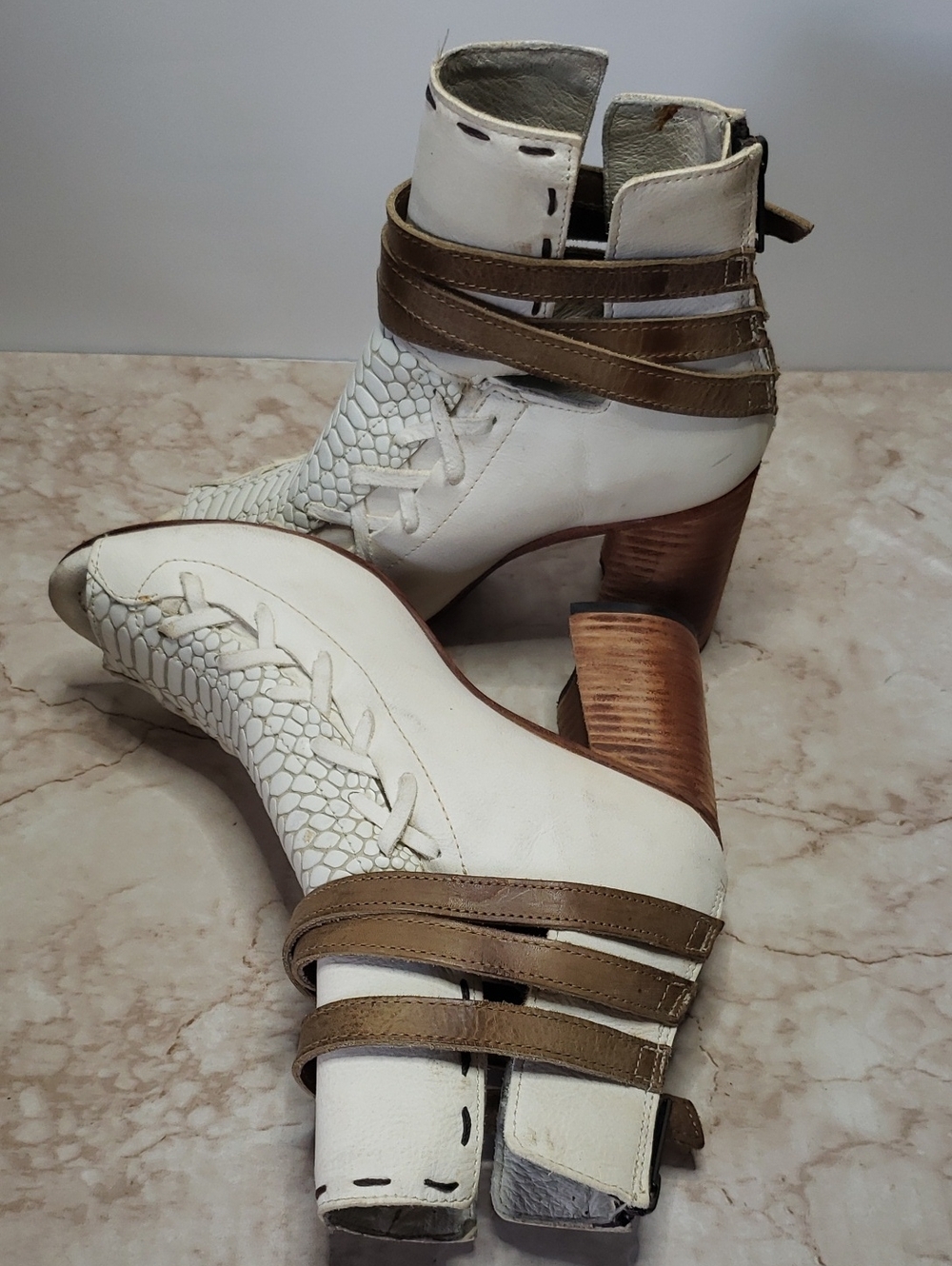 Freebird By Steven Eagle Off White Leather Open Toe Boots With Brown Straps 10 - Picture 6 of 8